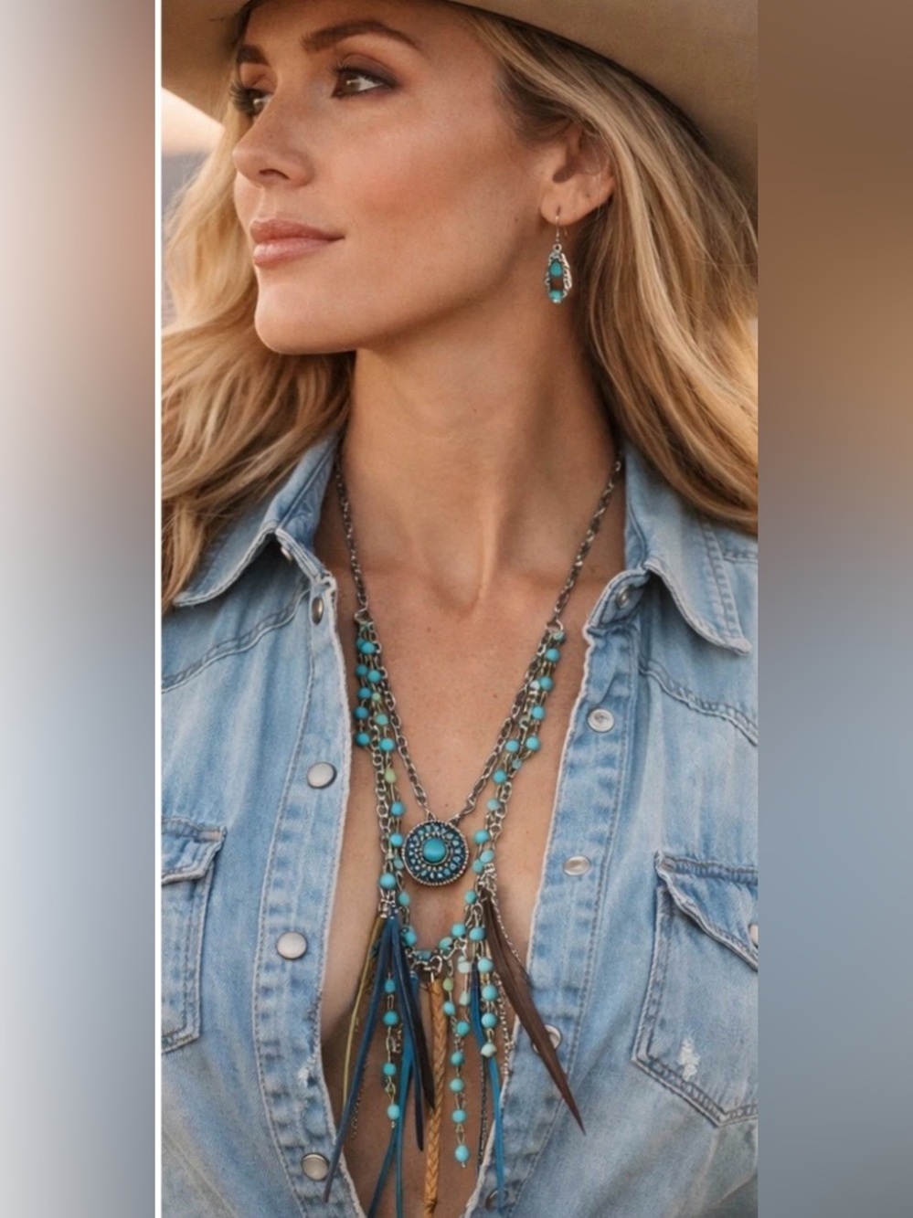 Cowgirl NWT Justin Western Boho Turquoise Beaded Fringe Statement Necklac